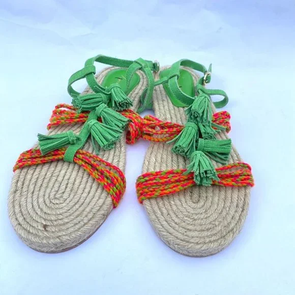 Anthropologie Fringed Rope Sandals Green Suede Boho Tassel Size 10M NWOB - Picture 9 of 14